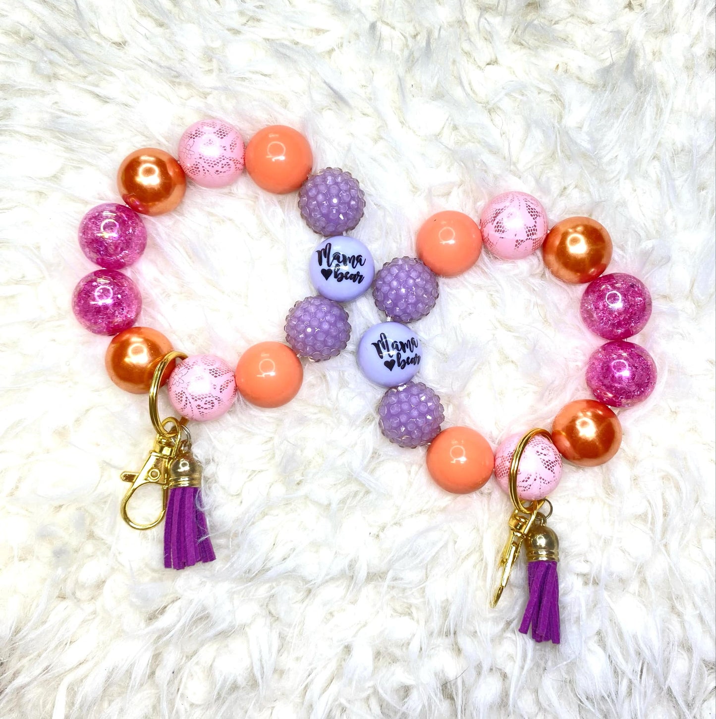 Mama Bear Beaded Keychain//Handmade Gifts/Acrylic Bead Wristlet Keychain/Best Gift for Mom