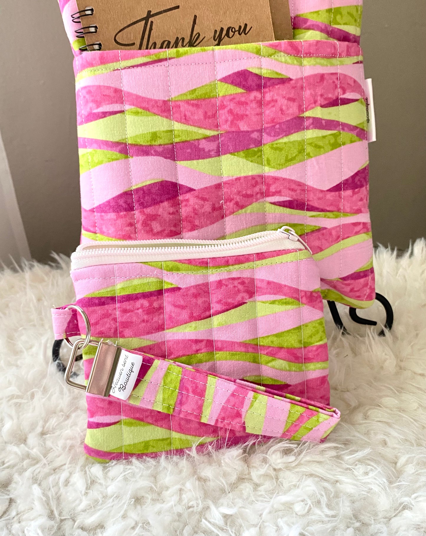 Pink & Green Travel Bag/ Travel Bag/ Book Sleeve/ Mini Purse w/ Wristlet/ Medicine Bag/ Makeup Bag/ Birthday Gift/ Christmas Gift/ Handmade/ Cotten fabric/ Keychain/ Quilted Boxy bag/ Quilted Book Sleeve