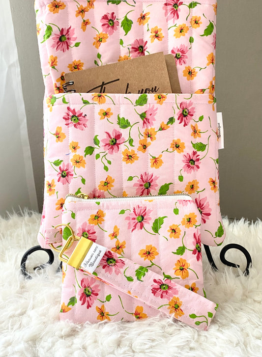 Pink floral theme Boxy bag/ Matching book sleeve /Mini purse/ birthday gift/ Christmas gift/ Handmade/Keychain/Quilted Boxy bag