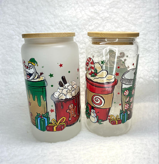 Snowman Glassware/Glass Cup/Frosted Glass Libby Cup/UV DTF Glass Cup/Christmas Gift/16oz Libby Cup