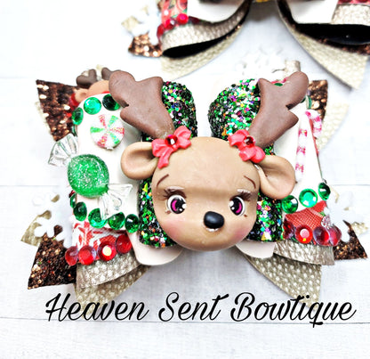 Reindeer Hair Bow/Vinyl Hair Bow/Christmas Bow/Reindeer Theme/Holiday Hair Bow/Christmas Pageant hair Bow