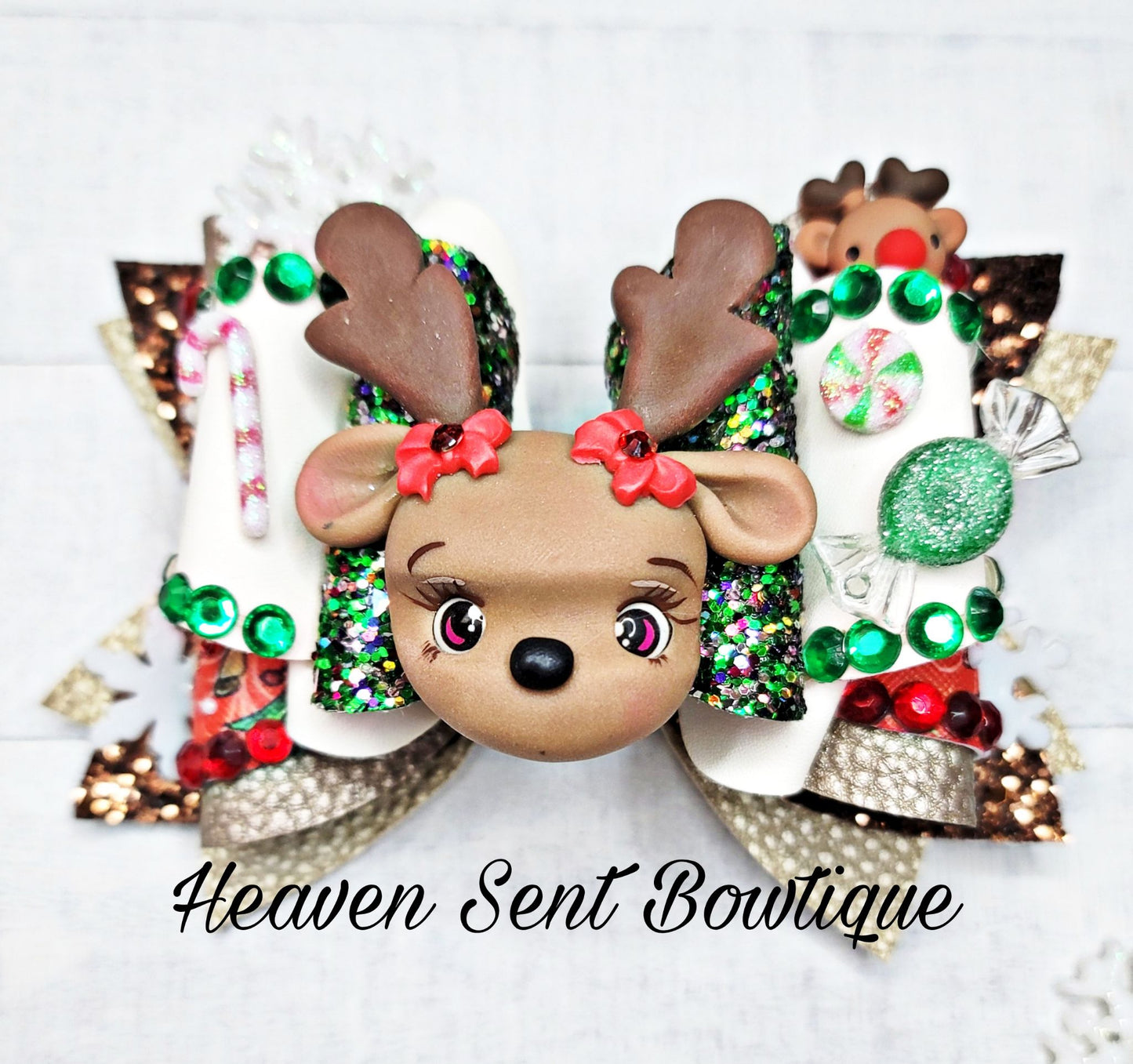Reindeer Hair Bow/Vinyl Hair Bow/Christmas Bow/Reindeer Theme/Holiday Hair Bow/Christmas Pageant hair Bow