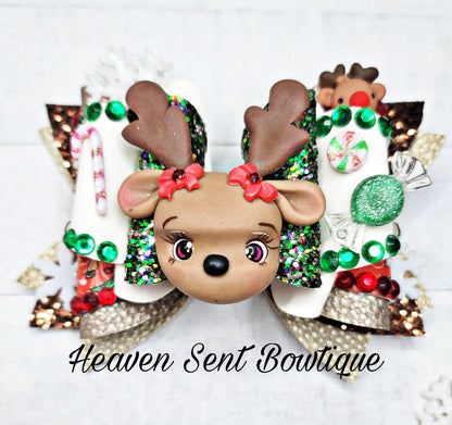 Reindeer Hair Bow/Vinyl Hair Bow/Christmas Bow/Reindeer Theme/Holiday Hair Bow/Christmas Pageant hair Bow