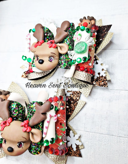 Reindeer Hair Bow/Vinyl Hair Bow/Christmas Bow/Reindeer Theme/Holiday Hair Bow/Christmas Pageant hair Bow