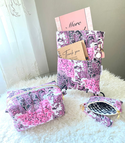 Black/white/pink Travel Set/ Travel Bag/ Book Sleeve/ Mini Purse w/ Wristlet/ Medicine Bag/ Makeup Bag/ Birthday Gift/ Christmas Gift/ Handmade/ Cotten fabric/ Keychain/ Quilted Boxy bag/ Quilted Book Sleeve