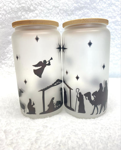 Nativity Scene/Christmas Frosted Glass Cup/Libby Cup/Sublimation Cup/ Christmas Gift/ Christian Gift