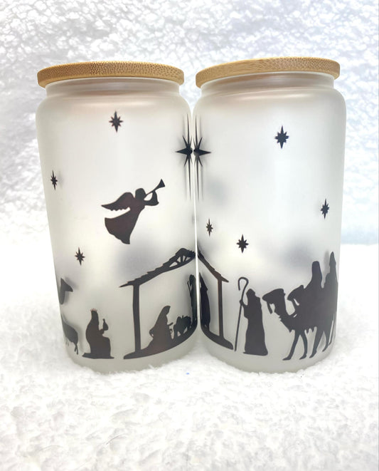 Nativity Scene/Christmas Frosted Glass Cup/Libby Cup/Sublimation Cup/ Christmas Gift/ Christian Gift