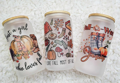Fall Glass Tumbler/Libby Glass Tumbler/Glass Tumbler/Sublimation Frosted Cup