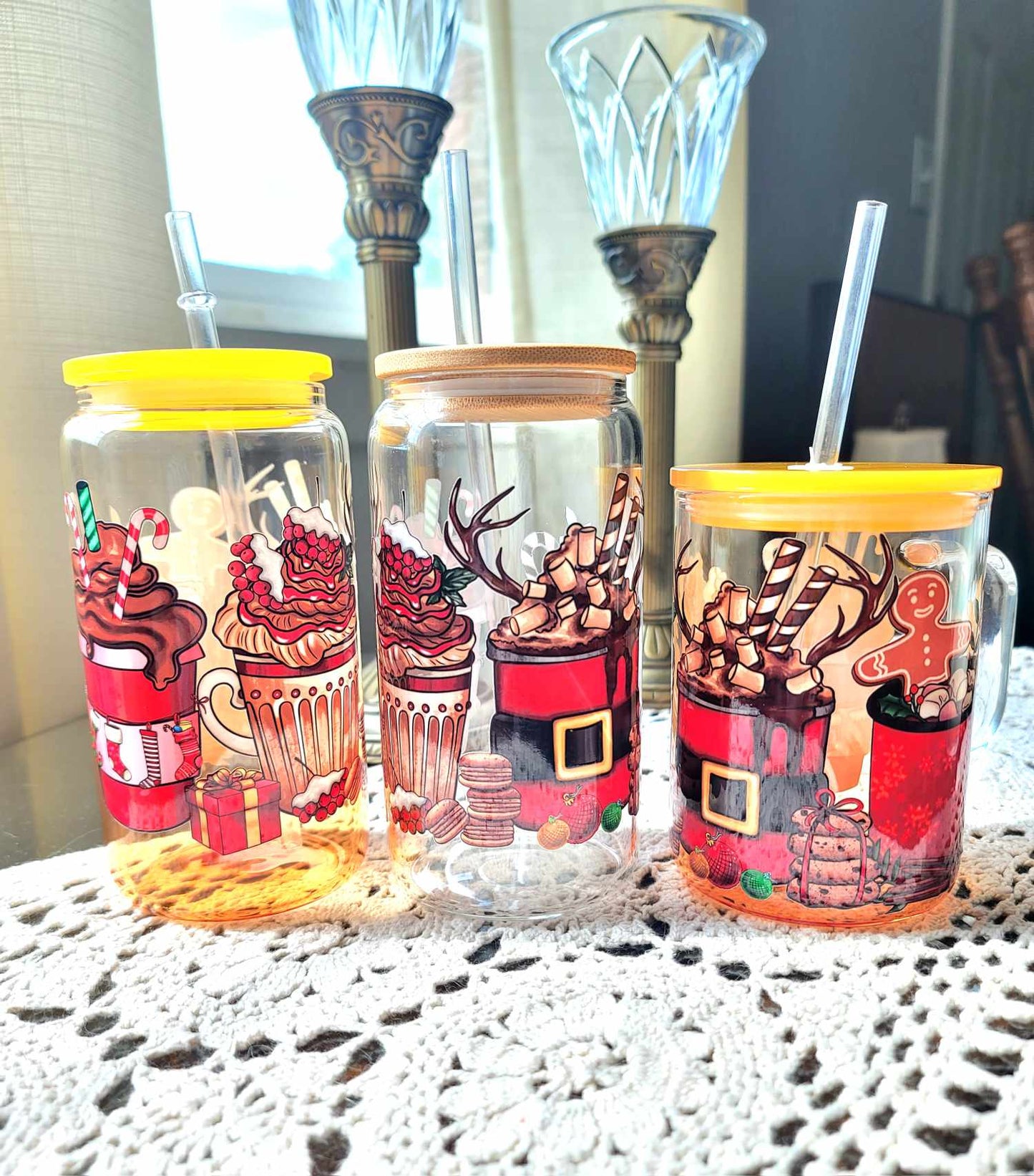 Christmas Reindeer Glass Cup/Christmas Cup/Glassware/Coffee Cup/Libby Cup/Holiday Glassware/