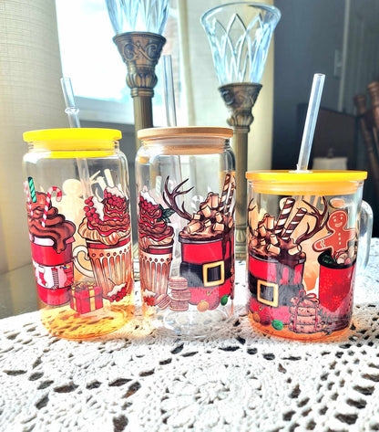 Christmas Reindeer Glass Cup/Christmas Cup/Glassware/Coffee Cup/Libby Cup/Holiday Glassware/