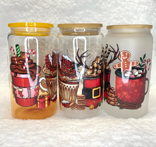 Christmas Reindeer Glass Cup/Christmas Cup/Glassware/Coffee Cup/Libby Cup/Holiday Glassware/