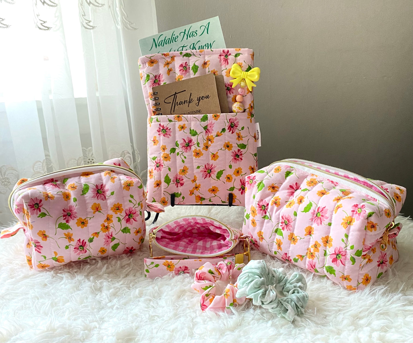 Pink floral theme Boxy bag/ Matching book sleeve /Mini purse/ birthday gift/ Christmas gift/ Handmade/Keychain/Quilted Boxy bag