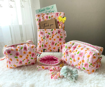 Pink floral theme Boxy bag/ Matching book sleeve /Mini purse/ birthday gift/ Christmas gift/ Handmade/Keychain/Quilted Boxy bag