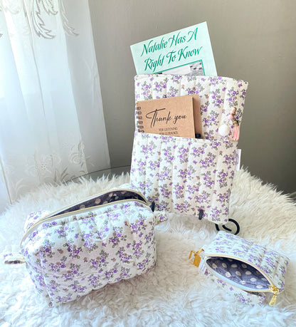 Purple floral Travel Set/ Book sleeve/ Travel bag/ Mini bag/Wristlet/Medicine Bag/ Makeup bag/ birthday gift/ Christmas gift/ Handmade/ Handmade/ Quilted Boxy Bag/ Keychain