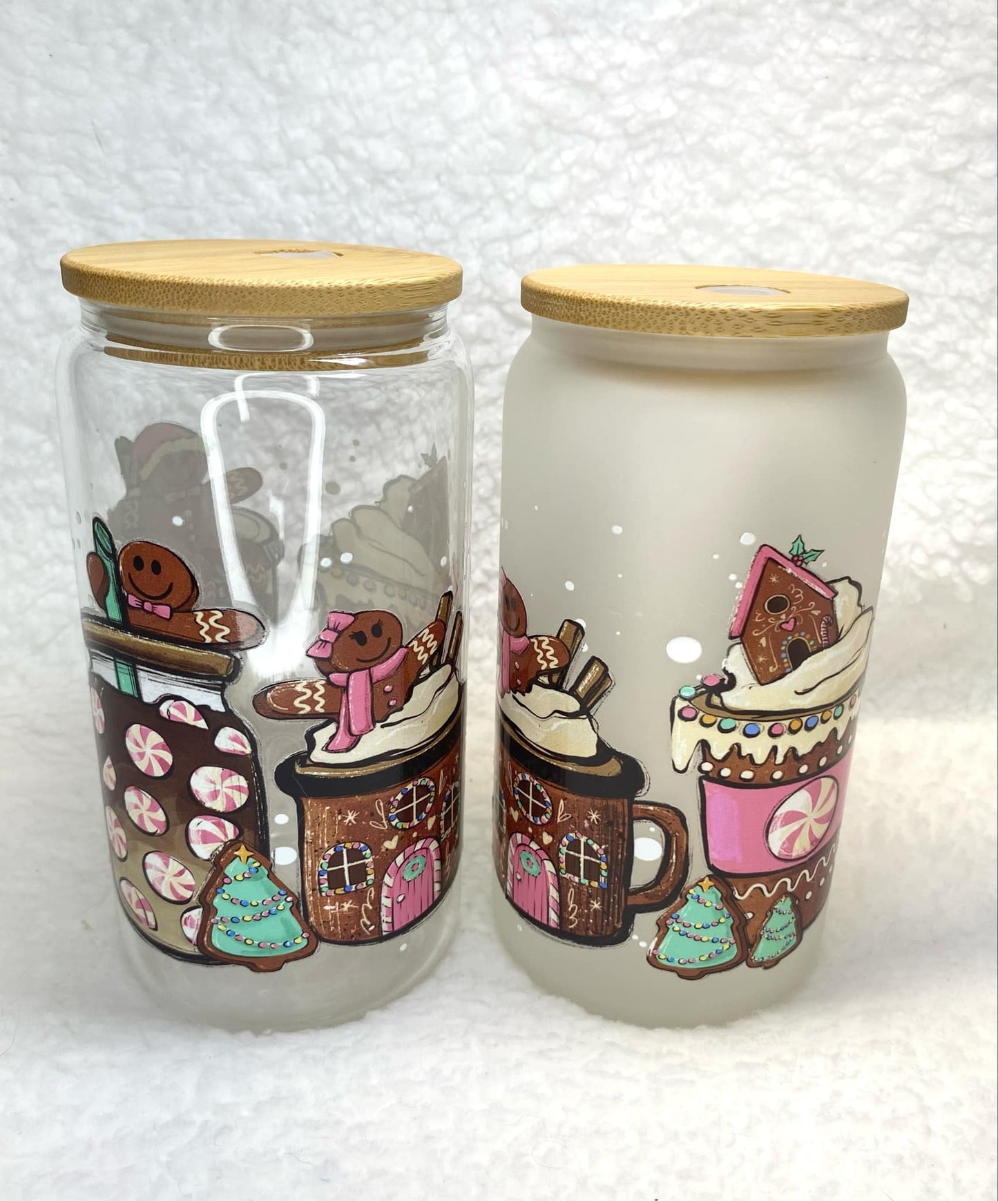 Gingerbread Glassware/Glass Cup/Frosted Glass Libby Cup/UV DTF Glass Cup/Christmas Gift/16oz Libby Cup
