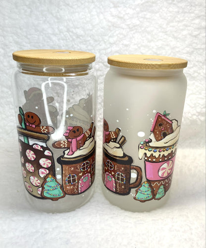 Gingerbread Glassware/Glass Cup/Frosted Glass Libby Cup/UV DTF Glass Cup/Christmas Gift/16oz Libby Cup