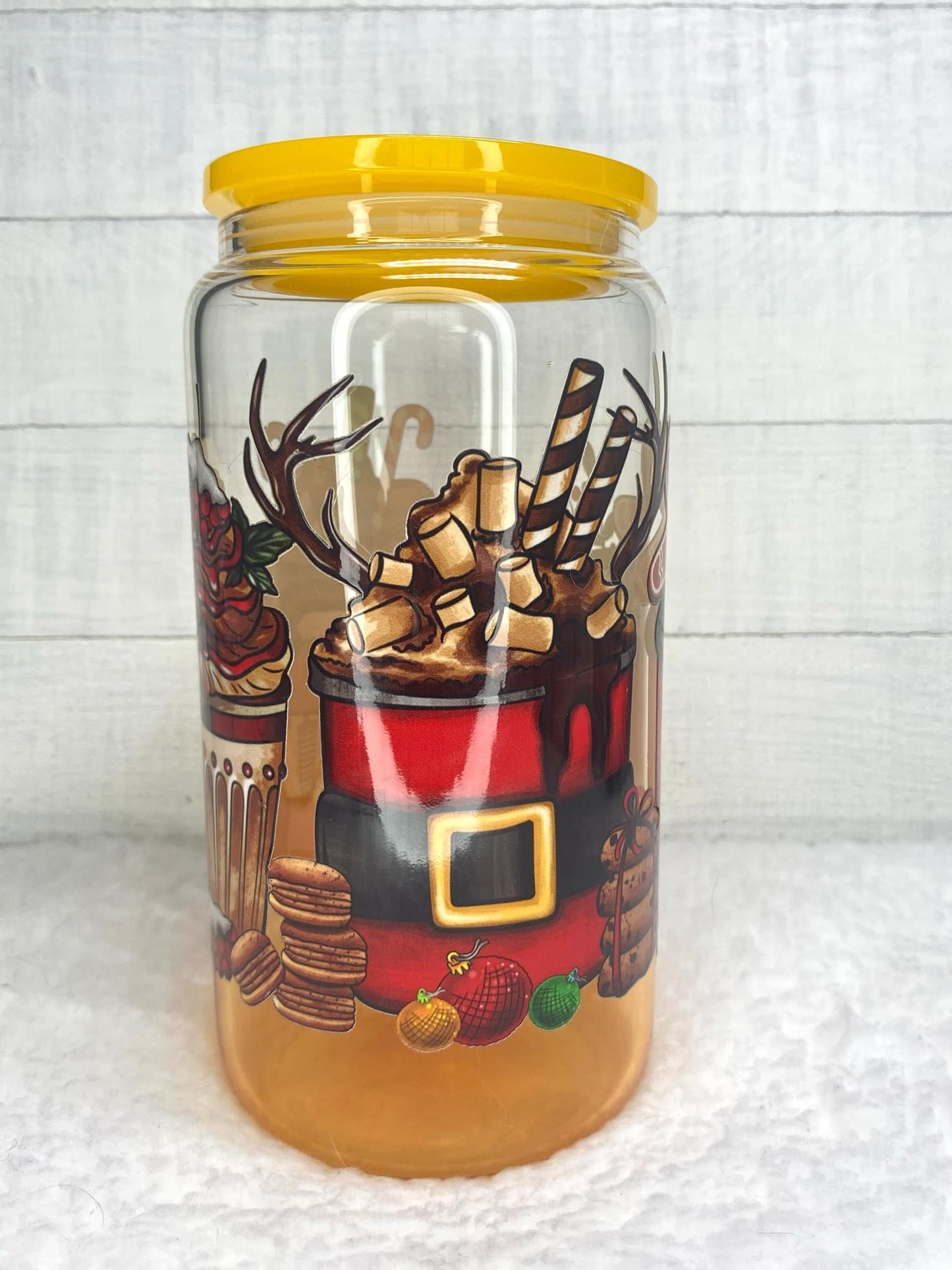 Christmas Reindeer Glass Cup/Christmas Cup/Glassware/Coffee Cup/Libby Cup/Holiday Glassware/