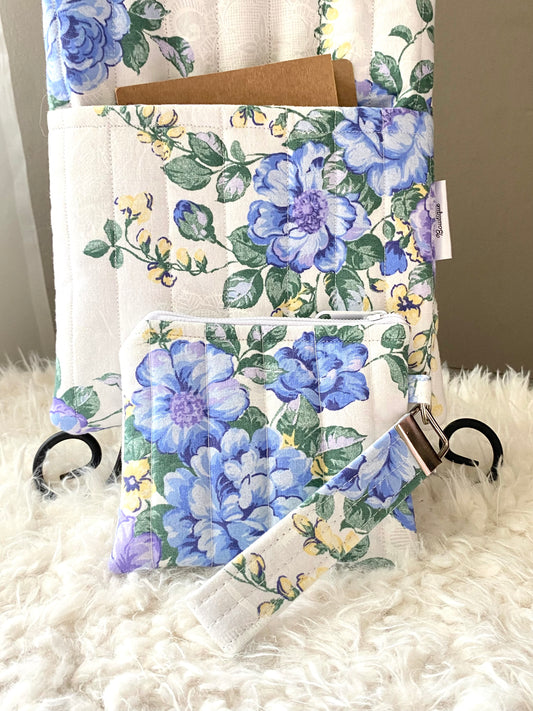 Vintage flowers Theme set/Travel bag/Mini purse w/ wristlet/Book sleeve/Makeup bag/Medicine bag/ Christmas gift/ birthday gift/Handmade/Keychain