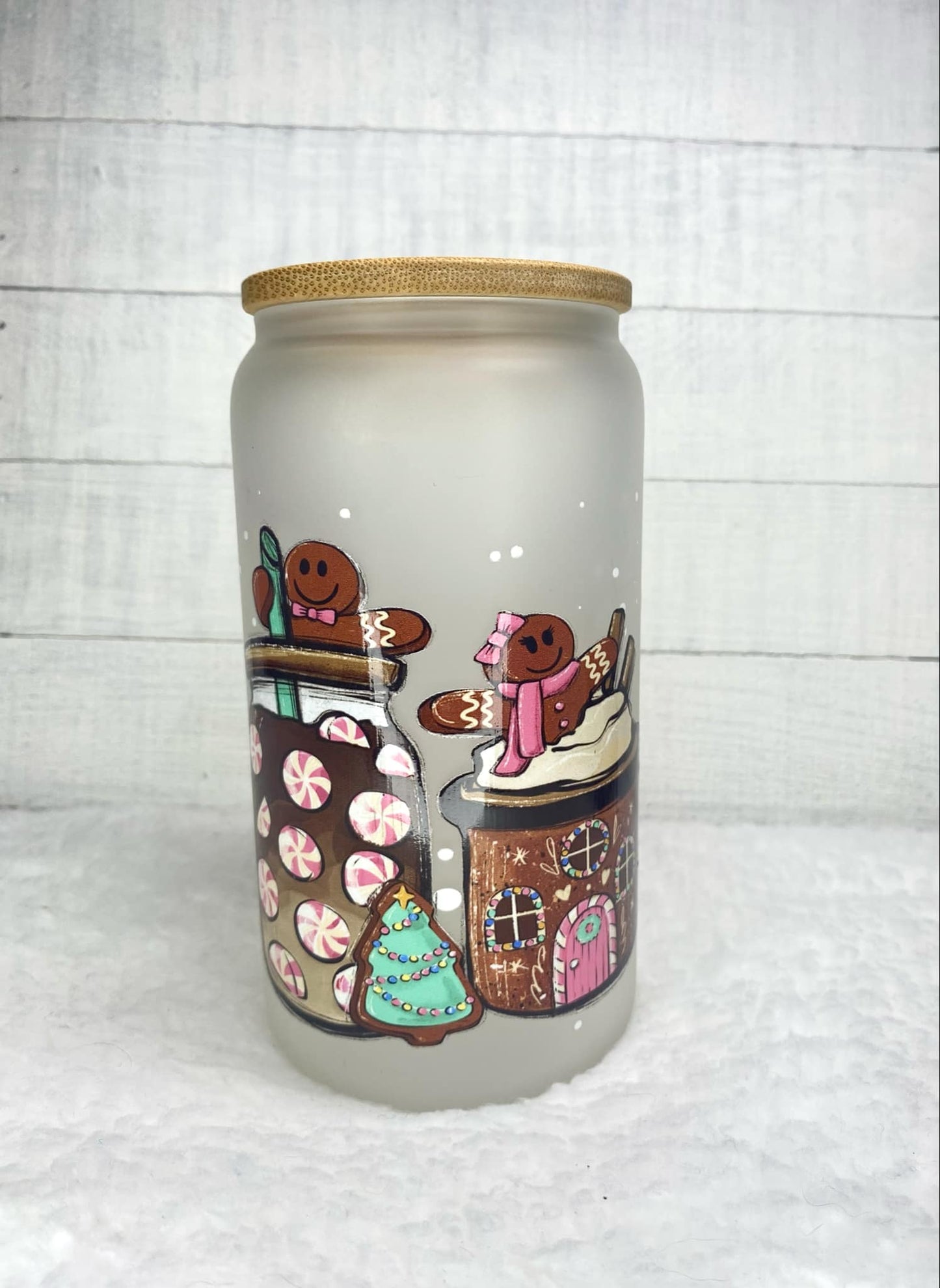 Gingerbread Glassware/Glass Cup/Frosted Glass Libby Cup/UV DTF Glass Cup/Christmas Gift/16oz Libby Cup