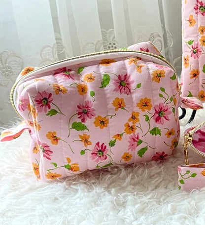 Pink floral theme Boxy bag/ Matching book sleeve /Mini purse/ birthday gift/ Christmas gift/ Handmade/Keychain/Quilted Boxy bag