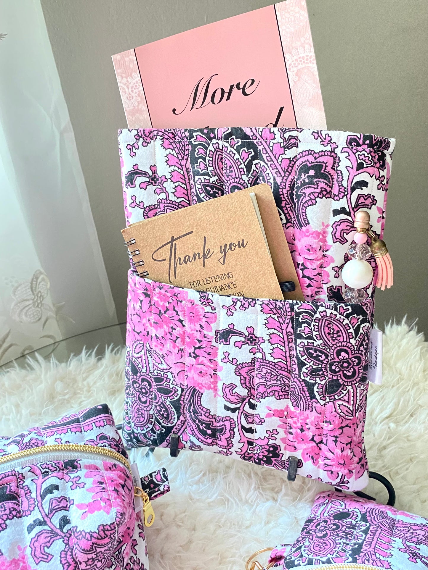 Black/white/pink Travel Set/ Travel Bag/ Book Sleeve/ Mini Purse w/ Wristlet/ Medicine Bag/ Makeup Bag/ Birthday Gift/ Christmas Gift/ Handmade/ Cotten fabric/ Keychain/ Quilted Boxy bag/ Quilted Book Sleeve