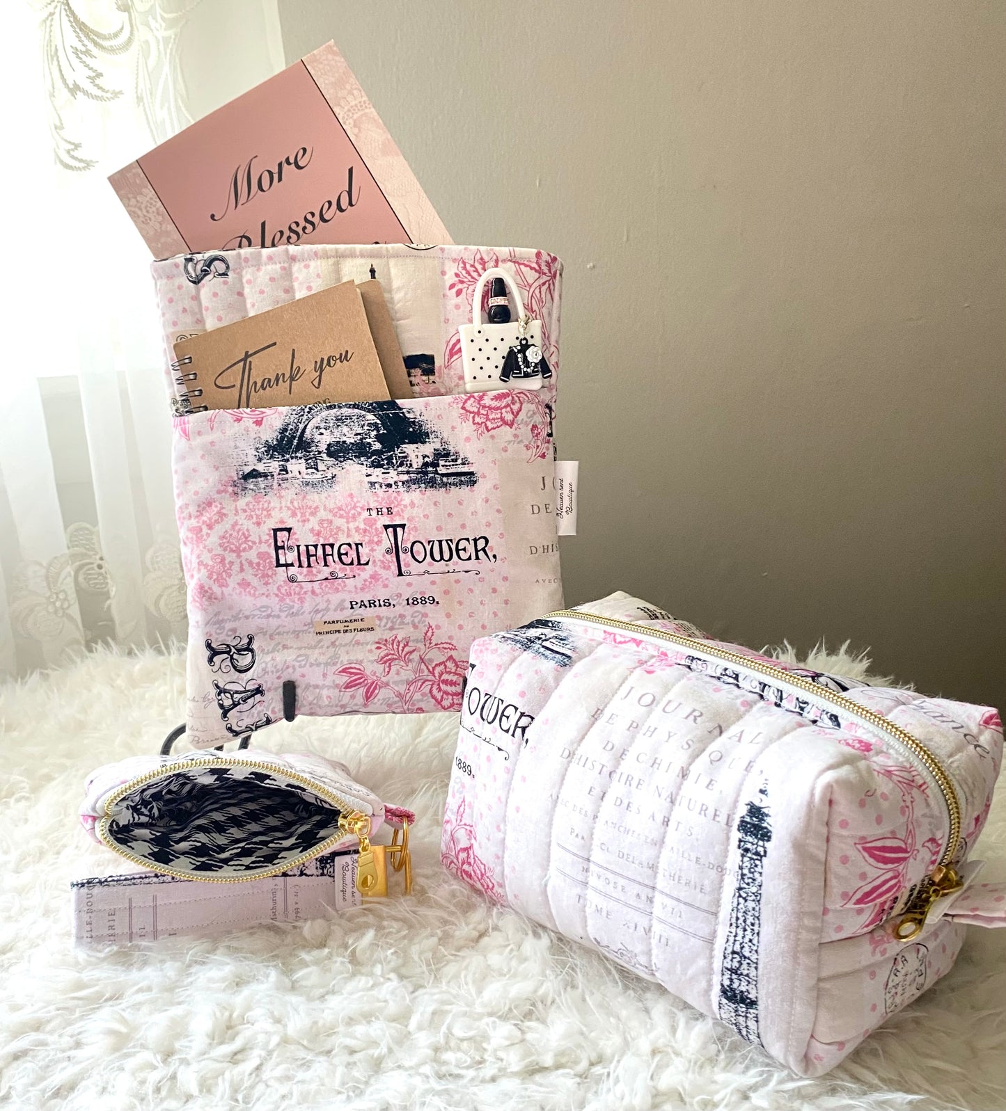 Paris Theme /Travel bag/Mini purse/ Book sleeve/Quilted Boxy bag/Travel bag/Makeup bag/Birthday gift/Christmas gift/Keychain