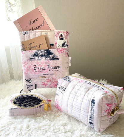 Paris Theme /Travel bag/Mini purse/ Book sleeve/Quilted Boxy bag/Travel bag/Makeup bag/Birthday gift/Christmas gift/Keychain