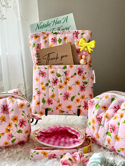 Pink floral theme Boxy bag/ Matching book sleeve /Mini purse/ birthday gift/ Christmas gift/ Handmade/Keychain/Quilted Boxy bag