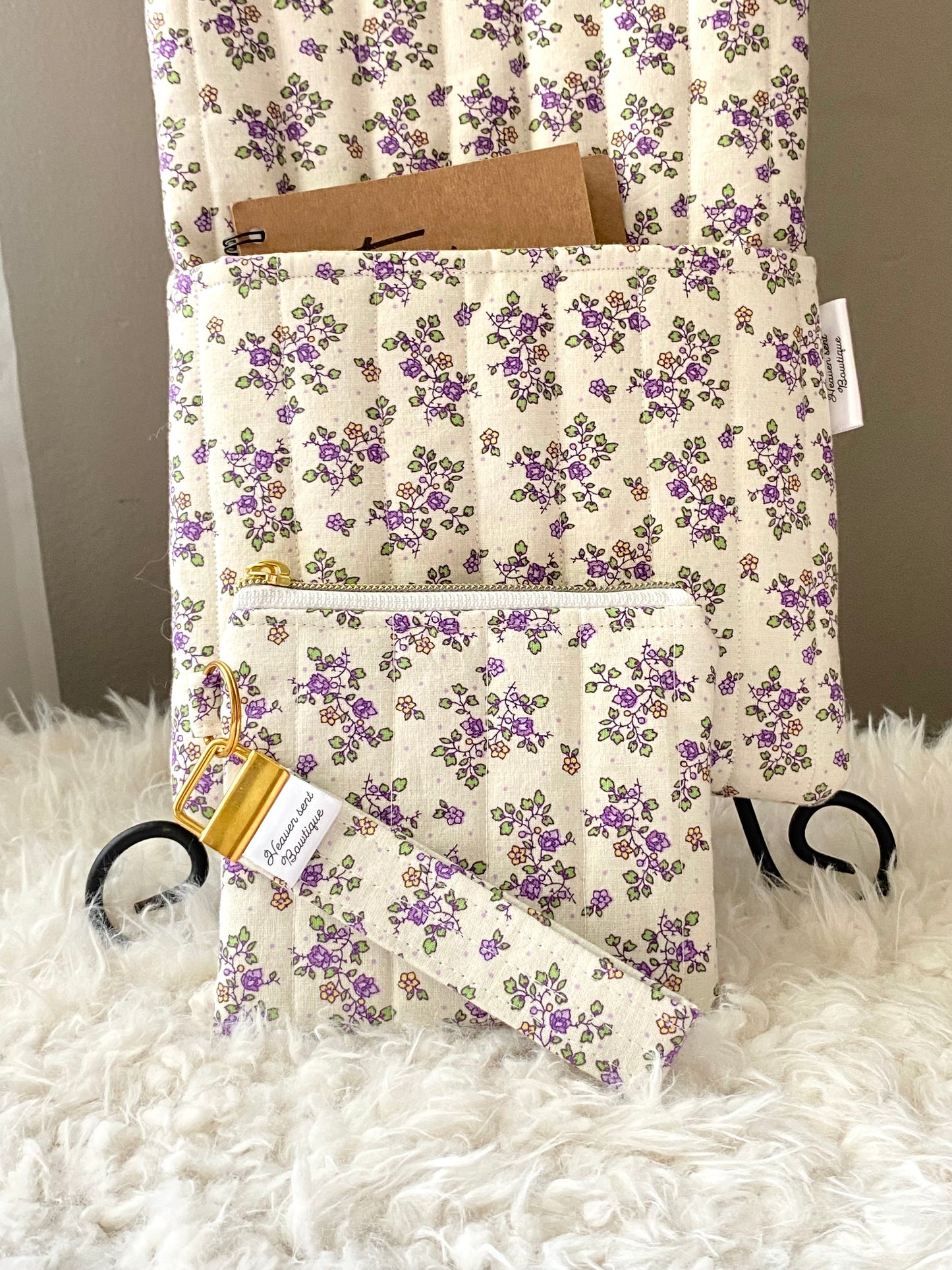 Purple floral Travel Set/ Book sleeve/ Travel bag/ Mini bag/Wristlet/Medicine Bag/ Makeup bag/ birthday gift/ Christmas gift/ Handmade/ Handmade/ Quilted Boxy Bag/ Keychain