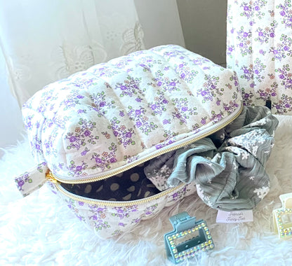 Purple floral Travel Set/ Book sleeve/ Travel bag/ Mini bag/Wristlet/Medicine Bag/ Makeup bag/ birthday gift/ Christmas gift/ Handmade/ Handmade/ Quilted Boxy Bag/ Keychain
