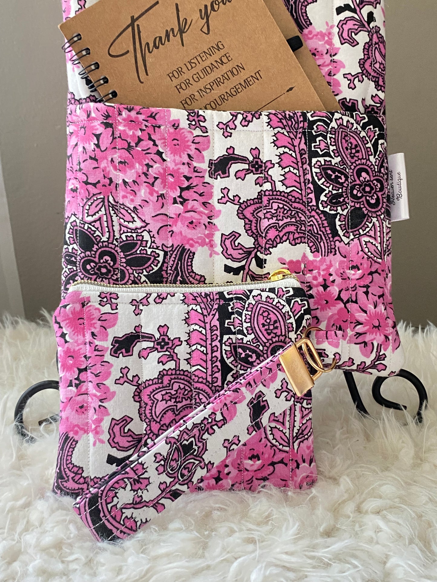 Black/white/pink Travel Set/ Travel Bag/ Book Sleeve/ Mini Purse w/ Wristlet/ Medicine Bag/ Makeup Bag/ Birthday Gift/ Christmas Gift/ Handmade/ Cotten fabric/ Keychain/ Quilted Boxy bag/ Quilted Book Sleeve