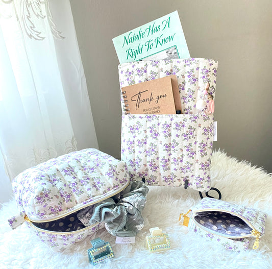 Purple floral Travel Set/ Book sleeve/ Travel bag/ Mini bag/Wristlet/Medicine Bag/ Makeup bag/ birthday gift/ Christmas gift/ Handmade/ Handmade/ Quilted Boxy Bag/ Keychain