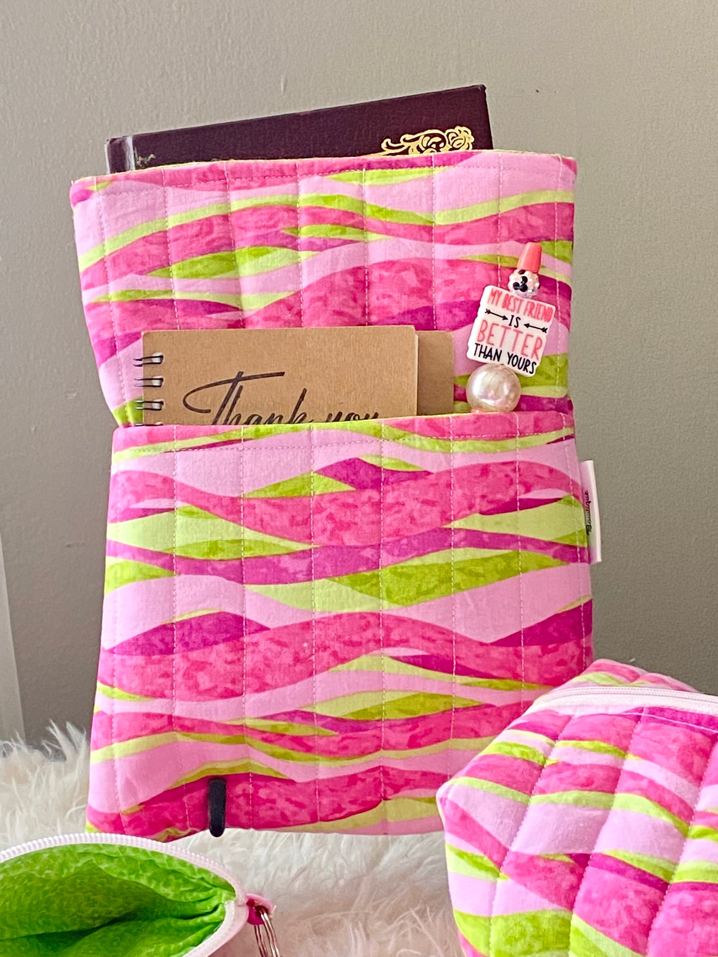 Pink & Green Travel Bag/ Travel Bag/ Book Sleeve/ Mini Purse w/ Wristlet/ Medicine Bag/ Makeup Bag/ Birthday Gift/ Christmas Gift/ Handmade/ Cotten fabric/ Keychain/ Quilted Boxy bag/ Quilted Book Sleeve