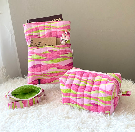 Pink & Green Travel Bag/ Travel Bag/ Book Sleeve/ Mini Purse w/ Wristlet/ Medicine Bag/ Makeup Bag/ Birthday Gift/ Christmas Gift/ Handmade/ Cotten fabric/ Keychain/ Quilted Boxy bag/ Quilted Book Sleeve