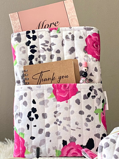 Cheetah Rose theme set/ travel bag/ mini purse w/ wristlet/ book sleeve/ boxy bag/ medicine bag/ makeup bag/ Christmas gift/ birthday gift/ handmade/keychain