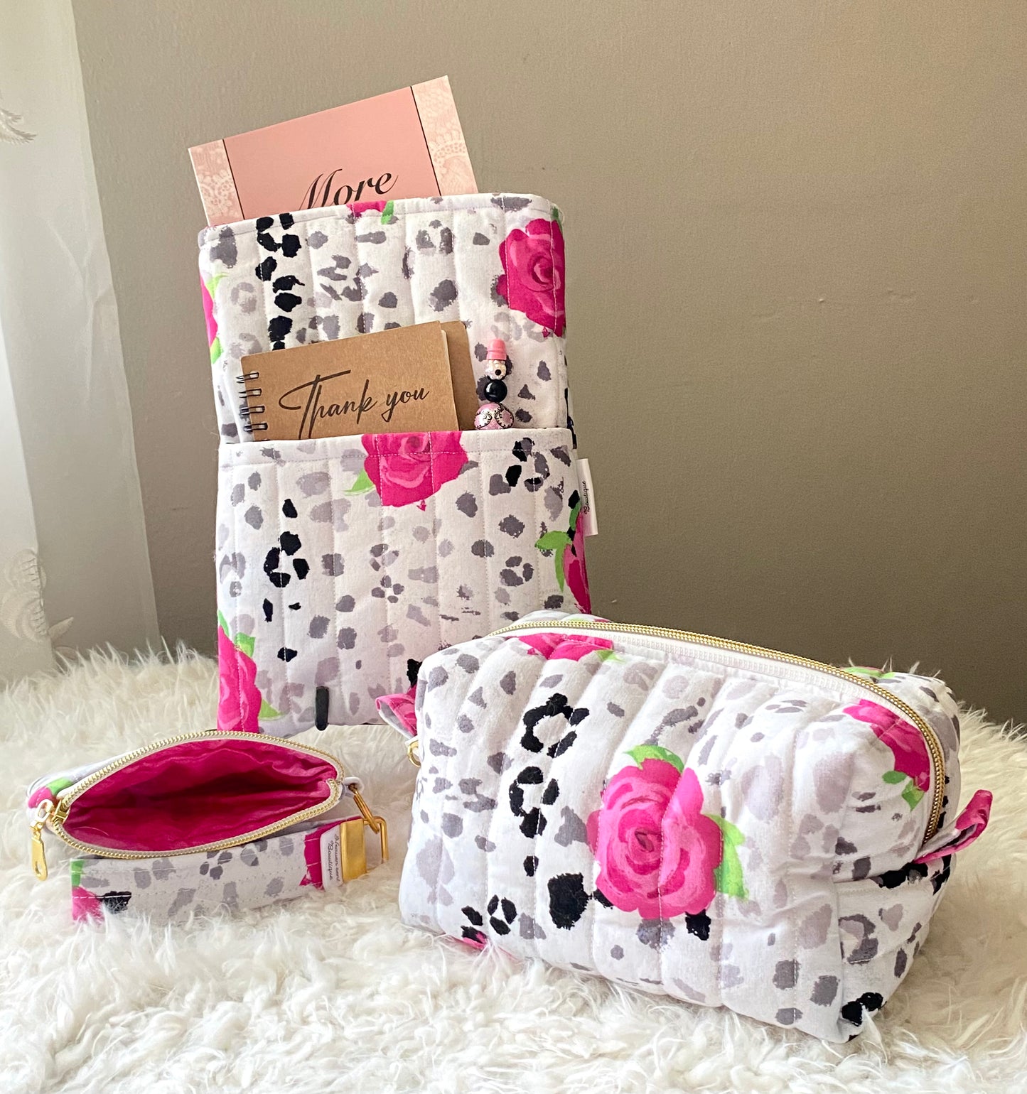 Cheetah Rose theme set/ travel bag/ mini purse w/ wristlet/ book sleeve/ boxy bag/ medicine bag/ makeup bag/ Christmas gift/ birthday gift/ handmade/keychain