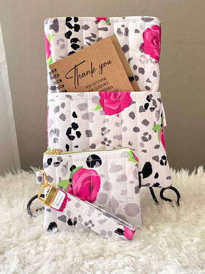 Cheetah Rose theme set/ travel bag/ mini purse w/ wristlet/ book sleeve/ boxy bag/ medicine bag/ makeup bag/ Christmas gift/ birthday gift/ handmade/keychain