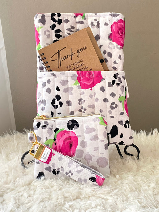 Cheetah Rose theme set/ travel bag/ mini purse w/ wristlet/ book sleeve/ boxy bag/ medicine bag/ makeup bag/ Christmas gift/ birthday gift/ handmade/keychain
