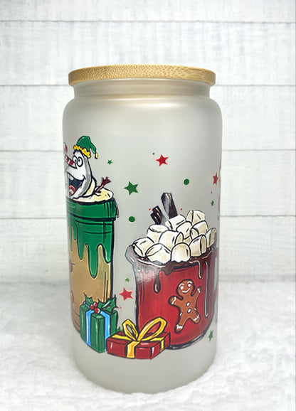 Snowman Glassware/Glass Cup/Frosted Glass Libby Cup/UV DTF Glass Cup/Christmas Gift/16oz Libby Cup
