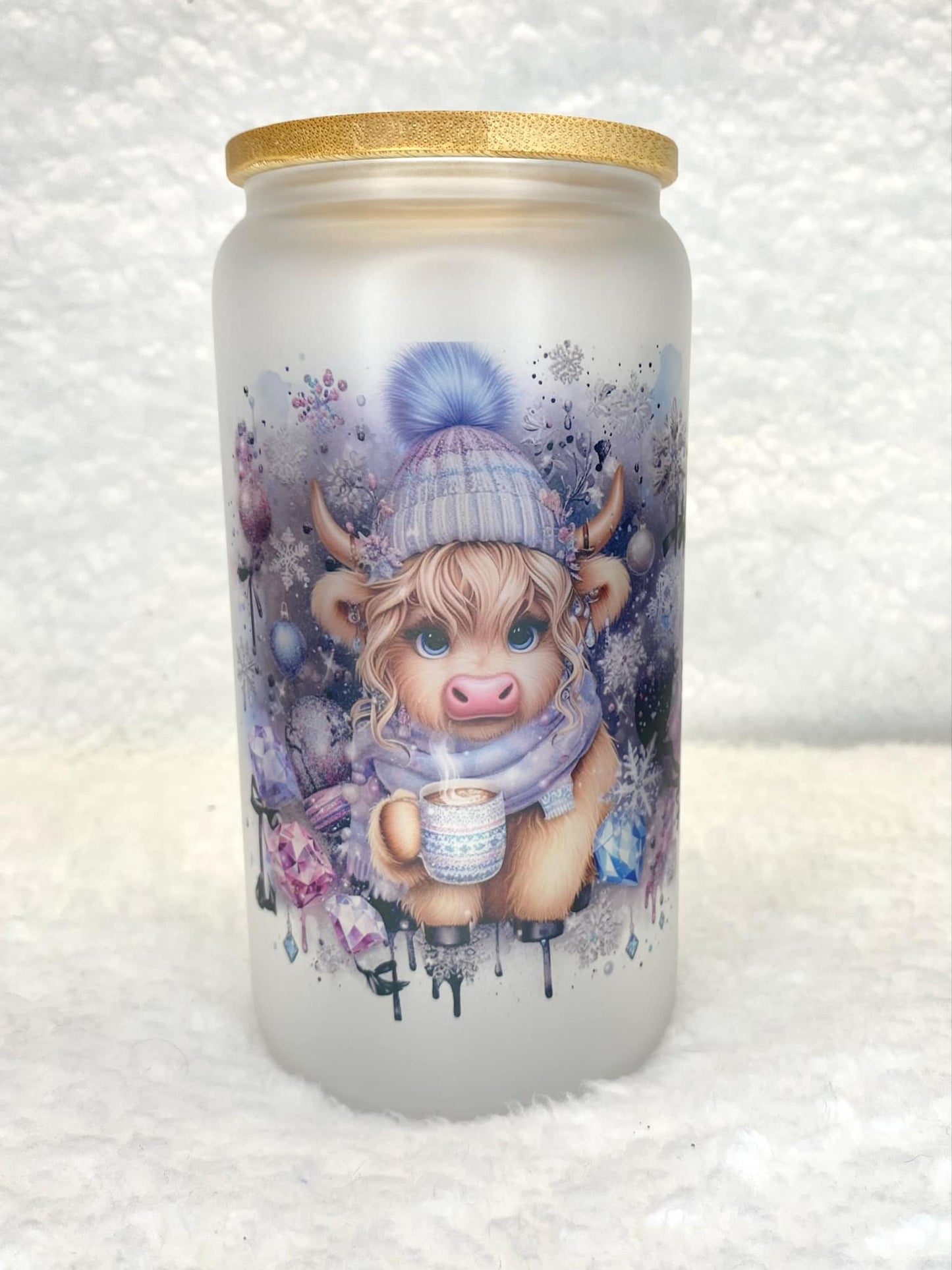 Highland Cow Frosted Glass Libby Cup/Sublimation Glass Cup/Christmas Gift/Highland Cow