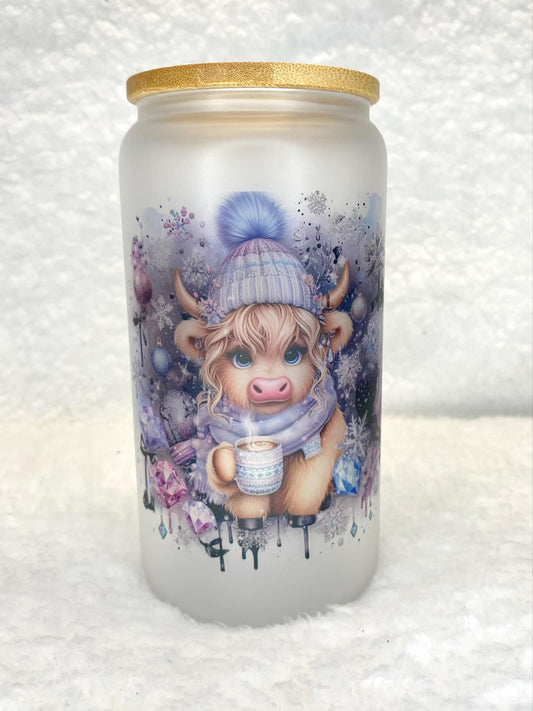 Highland Cow Frosted Glass Libby Cup/Sublimation Glass Cup/Christmas Gift/Highland Cow
