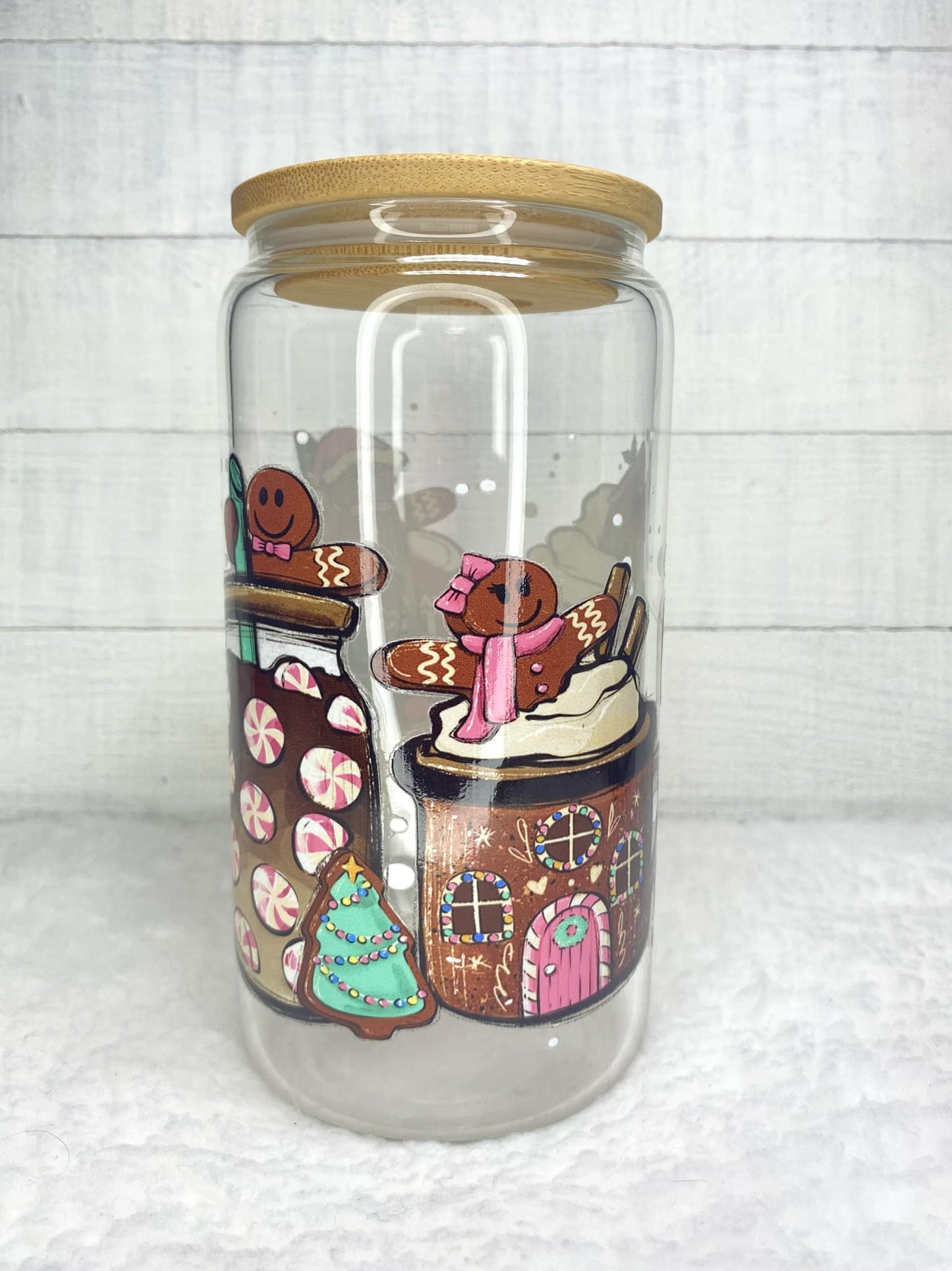Gingerbread Glassware/Glass Cup/Frosted Glass Libby Cup/UV DTF Glass Cup/Christmas Gift/16oz Libby Cup