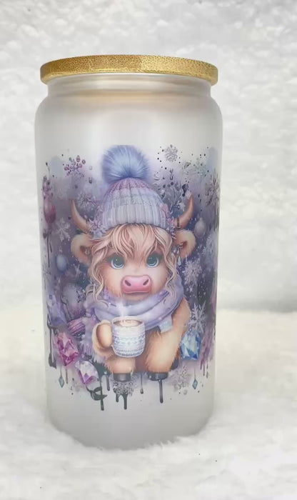 Highland Cow Frosted Glass Libby Cup/Sublimation Glass Cup/Christmas Gift/Highland Cow