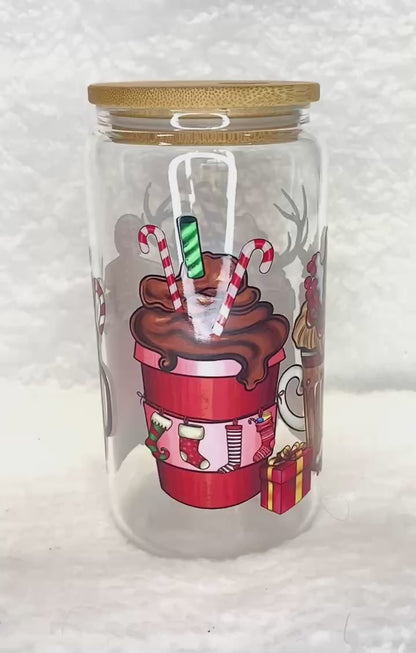 Christmas Reindeer Glass Cup/Christmas Cup/Glassware/Coffee Cup/Libby Cup/Holiday Glassware/